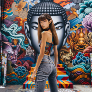 Attractive, Asian teenage girl, long brown hair and bangs, wearing tight skinny jeans and a halter top paint marks on her clothing, backside view heroic pose Asian graffiti