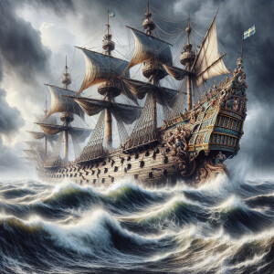 Create the majestic 1628 Vasa ship sailing on rough seas near st...
