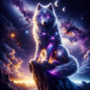 A majestic wolf standing on a rocky cliff, its fur shimmering wi...