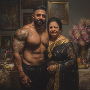 Hyperrealism oil painting.a muscular beefy sweaty tattoed indian...