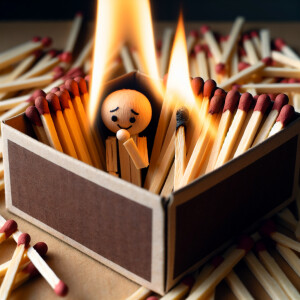A matchstick man Crowded with many matches in a box that also ca...