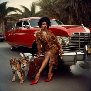 "Create an image of animated cartoon Betty Boop with brown skin,...