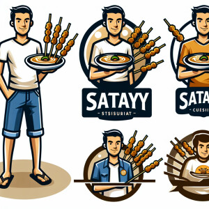 A satay vendor wearing a t-shirt, shorts, and flip-flops is hold...