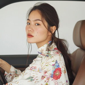 A cute asian woman sitting in a wooden chair
Brown ponytail
O...