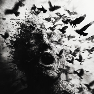 Visual: A flock of crows fly from the open mouth of a mummified...