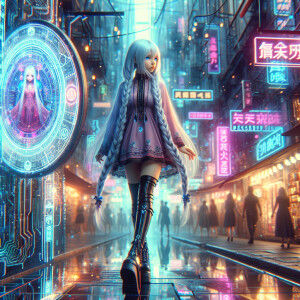 A beautiful girl with long white hair braided in two braids and...