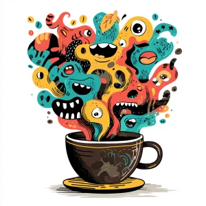 overflowing coffee cup with chaotic swirling steam transforming...