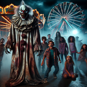 a nightmarish scene of an evil clown terrorizing a group of chil...