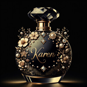 Design a fancy, black and gold bottle of perfume in the shape of a woman’s body. With a golden diamond top, flowers pearls and Diamonds in the name, Karen