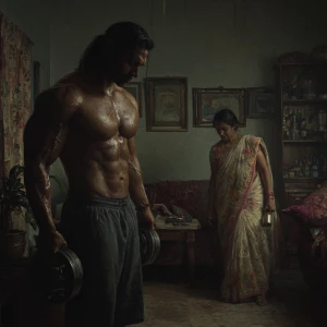 Hyperrealistic art,realism. .a indian  muscular beefy  sweaty ma...