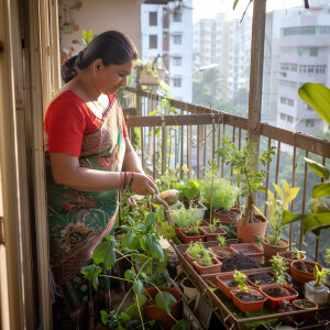 A Indian mother having a small kitchen garden in an apartment ba...