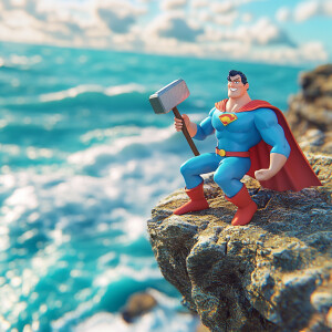 Create a 3d vibrant scene featuring a heroic figure resembling a...