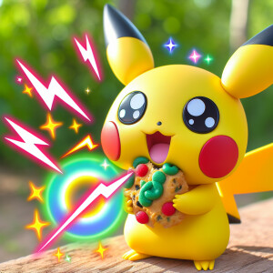 Pikachu заряжается от молнии и ест еду