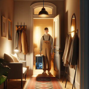 "Create a scene depicting the sixth frame. Show the interior of...