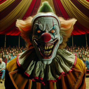 A scary clown shows sinister tricks, thereby scaring people in t...
