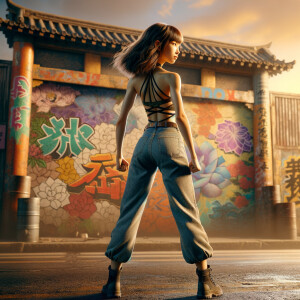 Athletic Thin skinny Attractive, Asian teenage girl, long brown hair and bangs, wearing tight skinny jeans and a halter top paint marks on her clothing, heroic pose Asian graffiti background, rear view