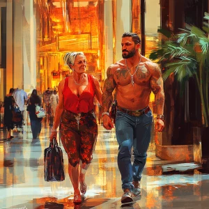 Digital art HD 1:1.A sweaty  man walking with his 54 year old mo...