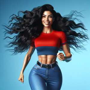 Design a 3D motion graphic of a photorealistic, athletic woman w...