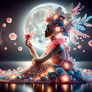 "Create an image of a majestic light skin Hawaiian woman whose f...