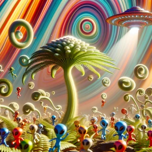 "Visualize an anamorphic needle head fern, its intricate spirals...