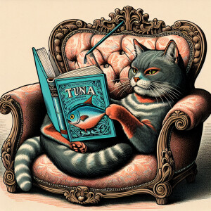 Cat reading a novel about tuna