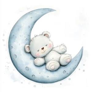 A cute, cartoon teddybear lies on a stylized, soft blue grey crescent moon. The moon shows the crater holes and relief in the surface. The teddy bear is light gray with large, round, pink-spotted ears.  Its body is round and he has expressive eyes.  its facial expression is happy and friendly. The teddy bears leg and foot are visible, and its posture is relaxed, lying down in the curve of the moon. it's stomach is lying down on the moon with left arm and leg showing hanging down. The moon is a soft, shaded blue, with watercolor-like texture and subtle shading. The background is white. The image is in a child-friendly style, showcasing delicate line work and color palettes. The composition is centered on the teddy bear which is positioned lying slumped face down on  the moon, giving the moon a hug with closed eyes. The overall style is sweet, whimsical, and reminiscent of children's book illustrations.  The colors are pastel and soothing, creating a gentle atmosphere.