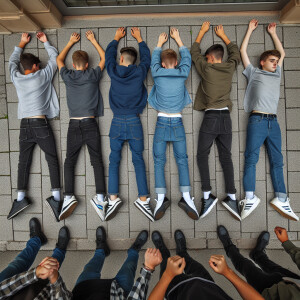 6 white male teens, laying face down on the ground on a side wal...