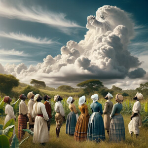 Black slaves looking up at a cloud forming into Jesus, HD, 4K, 8...