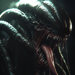 A chilling dark fantasy scene depicting a highly detailed alien...