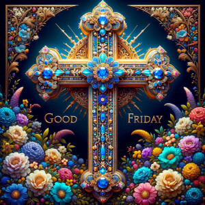 Create an image of a majestic cross, larger in size, with a harm...