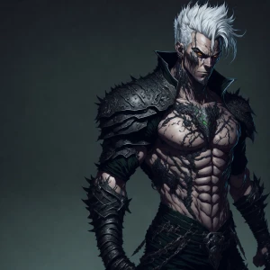 Strong man, athletic body, white hair, scar on nose, demonic tat...
