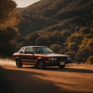 Capture a cinematic shot from a bird's eye view of a bronze 1980...
