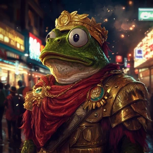 Pepe the Frog dressed as an ancient Roman emperor, wearing a gol...