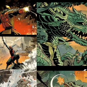 Collage-style comic: 1) robot ninja battling a lizard monster in...
