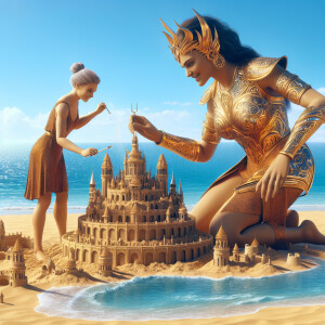 A massive sized sandcastle with a lady giant dressed in elegant...