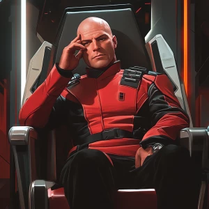 A bald male character with a serious expression, wearing a red a...
