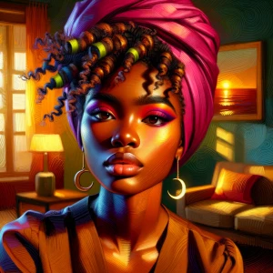 A realistic digital portrait of an African woman with her curls...