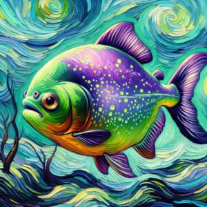 Cute giant purple and neon green piranha