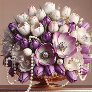Create 3-D realistic image of an exquisite bouquet of purple and...