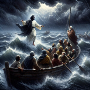 African-American Jesus telling Peter to come walk on the water,...