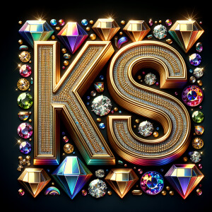 Create a 3-D realistic image with the letters  K.S. in gold raised letters , Add diamonds and colorful jewels