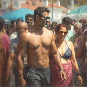 Photo hyperrealism, painting,a muscular beefy kerela son in law...