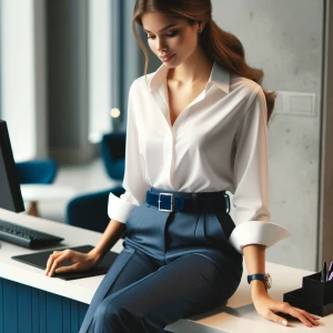 Law firm receptionist wearing a white button down blouse, navy b...