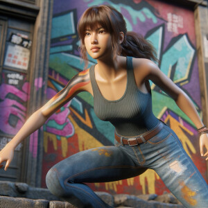 teenage girl, long brown hair and bangs, wearing tight skinny jeans and a halter top paint marks on her clothing, heroic pose Asian graffiti background, nearing on one knee