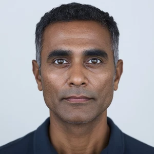 Generate an image of a 55-year-old Indian American man with a cl...