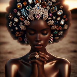 Create an image of an African-American queen deep in prayer. Her...