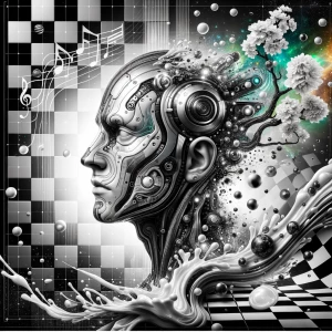 White flowering tree. music notes, glitch, oozing cosmic oily li...