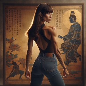 Athletic Thin skinny Attractive, Asian teenage girl, long brown hair and bangs, wearing tight skinny jeans and a halter top paint marks on her clothing, heroic pose Asian graffiti background, backside view