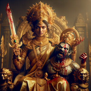 portrait of angry looking goddess durga sitting on a gold crown...