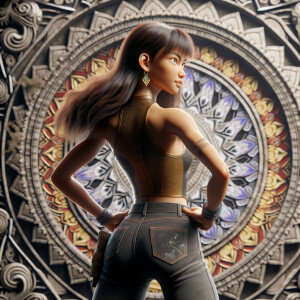 Athletic Thin skinny Attractive, Asian teenage girl, long brown hair and bangs, wearing tight skinny jeans and a halter top paint marks on her clothing, heroic pose Asian graffiti background, backside view